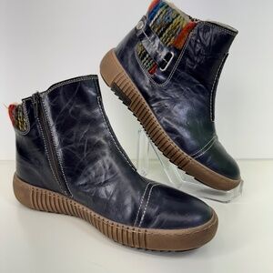 Josef Seibel Women’s Leather Side Zip Chelsea Ankle Boots – Navy with Knit